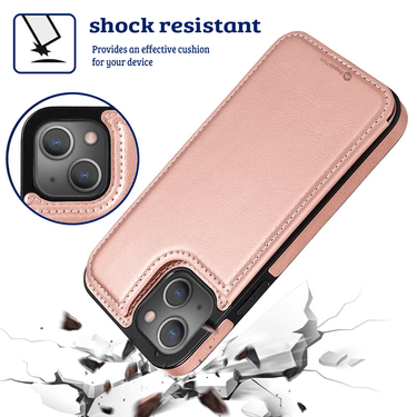 iPhone 16 Plus Compatible Case Cover With Back Flip Leather Wallet - Rose Gold
